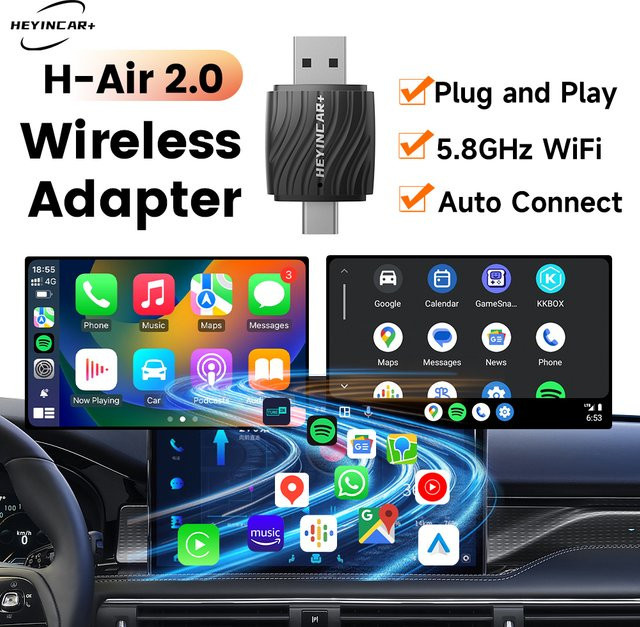 HEYINCAR 2-in-1 CarPlay Adapter und Android Auto Konverter für kabellose Verbindung via WLAN und Bluetooth, Schwarz - Bild 1