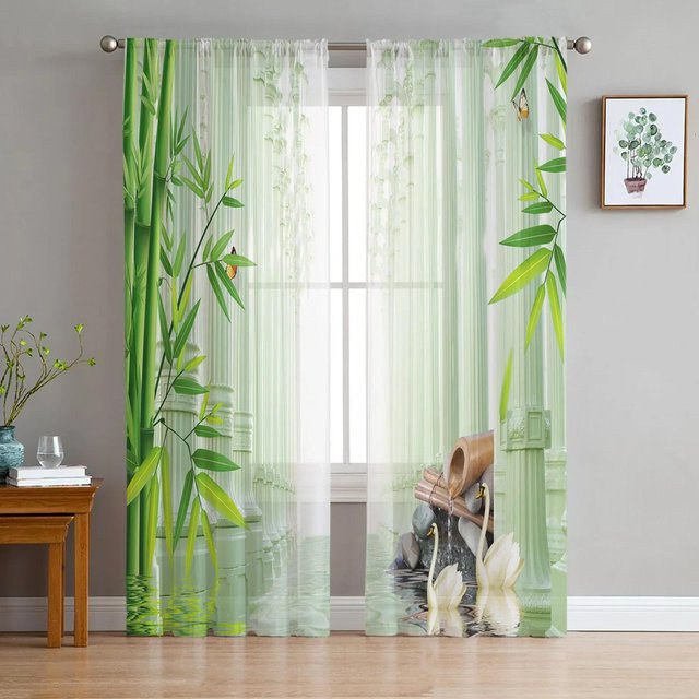 Yiran Furniture Transparenter Tüllvorhang Bambuswaldgrün mit Ösen B: 135 cm, H: 115 cm - Bild 1