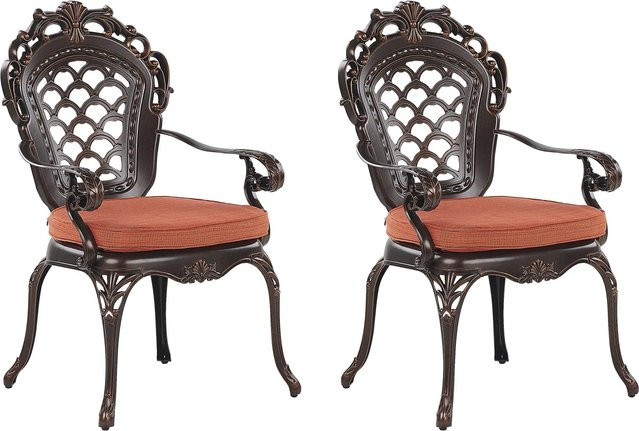 Beliani Gartenstuhl Retro in Braun und Orange mit Armlehnen und Polsterung aus UV-beständigem Polyester, B/T/H: 58 x 69 x 97 cm - Bild 1