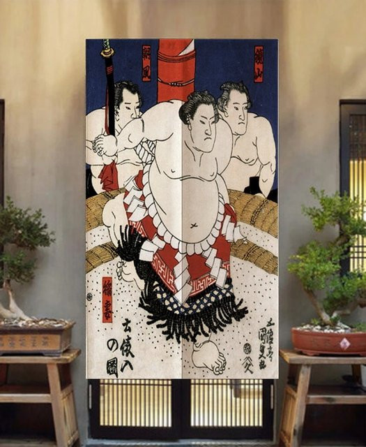 VIKAMA Halbvorhang mit japanischem Sumo-Print in Multicolour, dekorativer Trennvorhang für Restaurant, Bar, Küche oder Schlafzimmer, Breite: 90 cm, Höhe: 65 cm - Bild 1