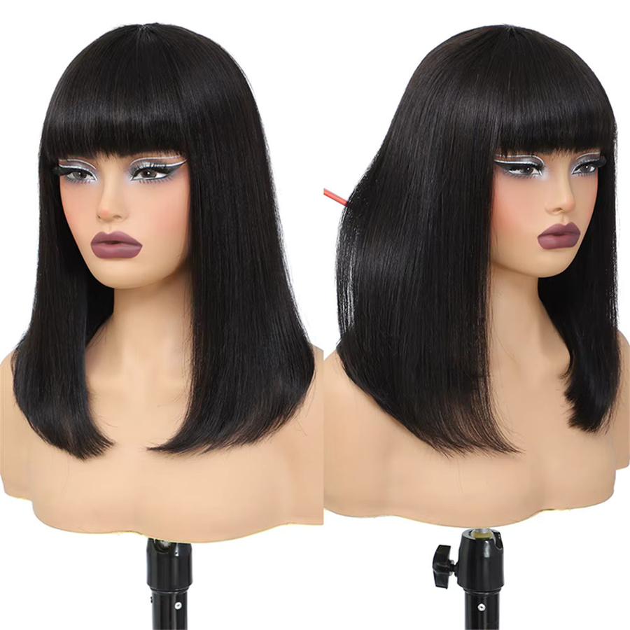 HALOQUEEN HAIR Echthaar-Perücke, Kurzer Bob mit Pony, Light Yaki, 180% Dichte - Bild 2