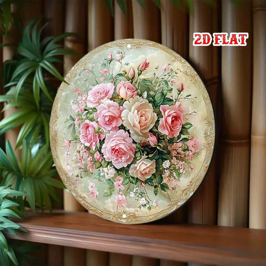 CIFBUY Vintage Rundes Metallschild mit rosa Rosen und Goldumrandung, Wandkunst mit floralem Design, Durchmesser: 20 cm - Bild 2