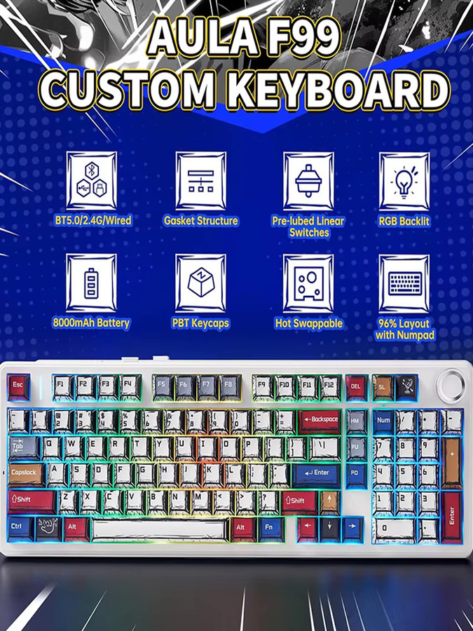 AULA F75/F99 Pro Gaming Mechanische Tastatur mit PBT Comic Tastenkappen und RGB Hintergrundbeleuchtung - Bild 6