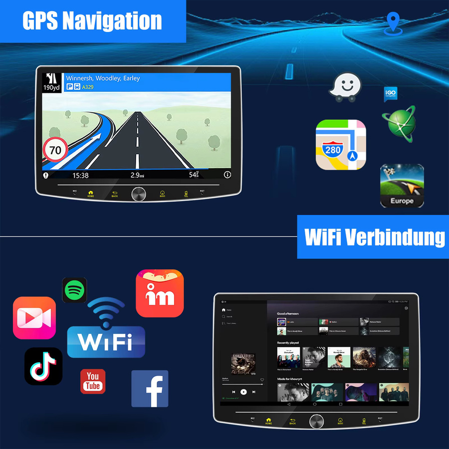 ESSGOO Universal Autoradio mit Android 15, 10.1 Zoll Touchscreen, 4+64 GB, Schwarz, 1 DIN mit 360 Grad drehbarem Display, Wireless CarPlay, Android Auto, GPS, Bluetooth, WiFi und Lenkradsteuerung - Bild 6