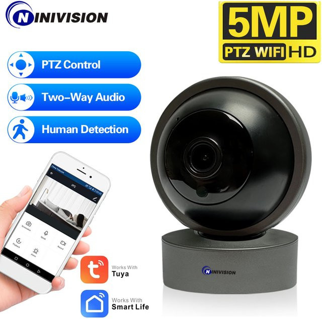 Tuya WIFI PTZ IP Kamera 5MP Schwarz mit Nachtsicht und App-Steuerung als Smart Home Baby Monitor zur drahtlosen Video Überwachung in 2K - Bild 1