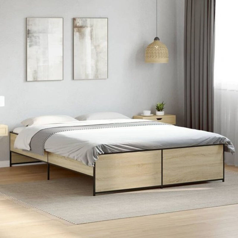 Bettgestell Vidaxl in Sonoma-Eiche Natur aus Holzwerkstoff und Metall, Modernes Metallbett B/T: 160 x 200 cm - Bild 1