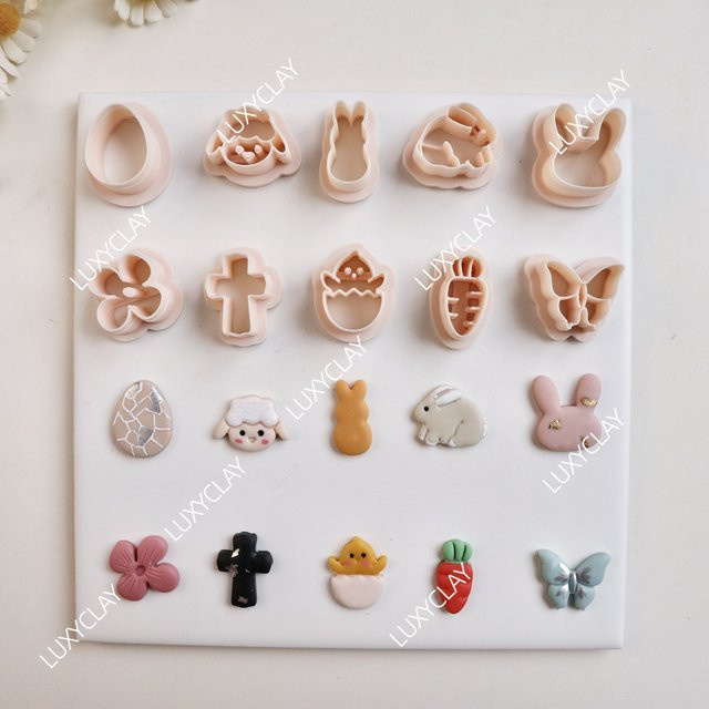 10er Set Polymer-Clay-Ausstecher für Schmuck- und Ohrringherstellung mit Oster-Motiven wie Blumen, Schaf, Kreuz, Küken, Karotten, Schmetterling, Ei und Hase aus Kunststoff - Bild 1