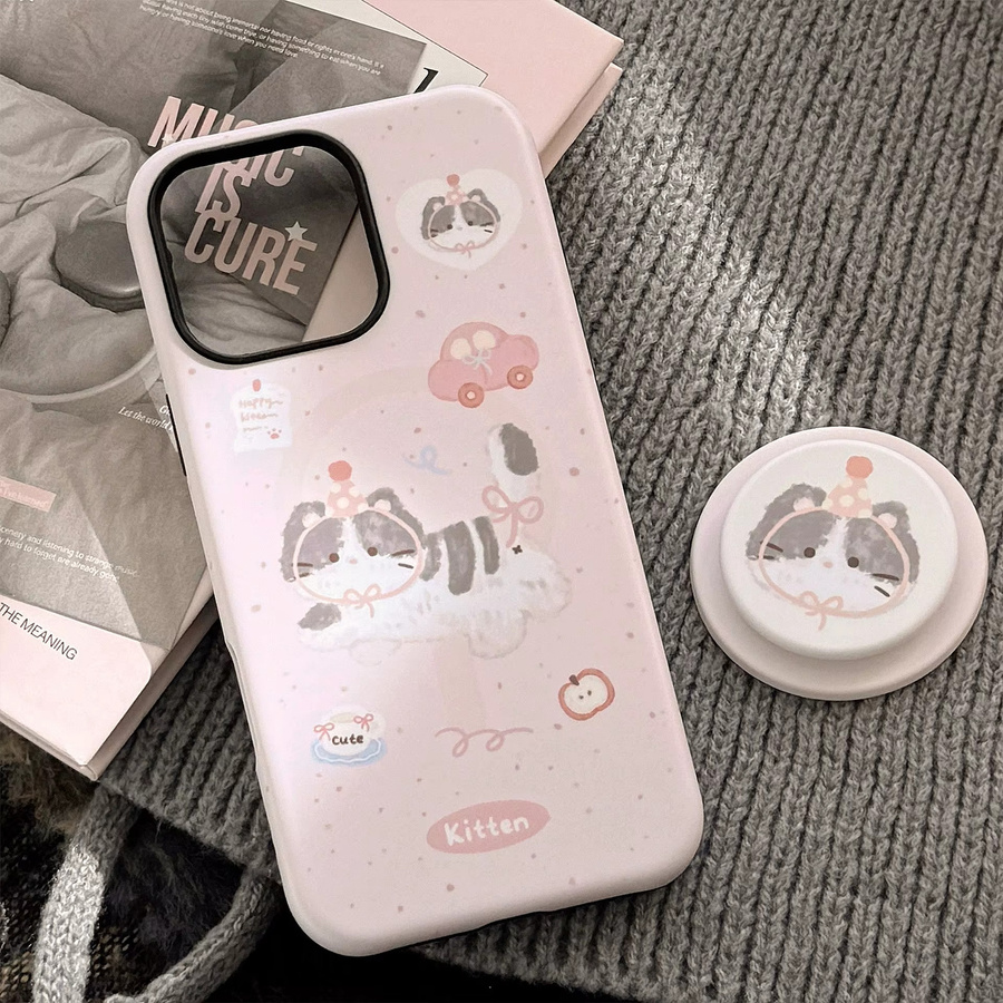 Potdemiel Handyhülle mit rosa Cartoon-Katze und magnetischer Halterung für iPhone 11 bis iPhone 17 Air, stoßfeste weiche Schutzhülle - Bild 3