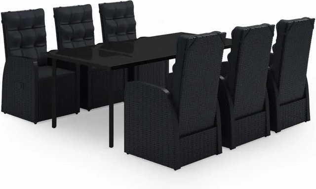 vidaXL 7-teilige Garten-Essgruppe aus PE-Rattan und pulverbeschichtetem Stahl in Schwarz mit Glasplatte und Kissen - Bild 1