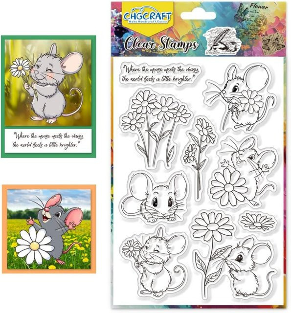 Transparenter Silikon-Stempel mit Maus- und Gänseblümchen-Motiv zum Basteln und Dekorieren - Bild 1