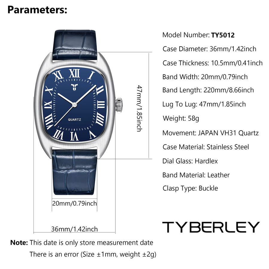 TYBERLEY Armbanduhr, Quarz, Oval, Edelstahl, Leder, Schwarz, Herren - Bild 4