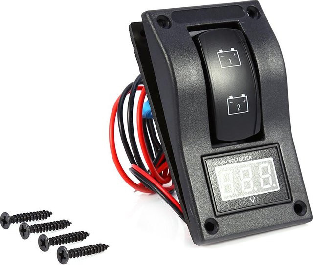 VehicleKit Marine Boot Voltmeter und Dual Batterie Test Panel mit LED Wippschalter, 12V DC, Schwarz - Bild 1