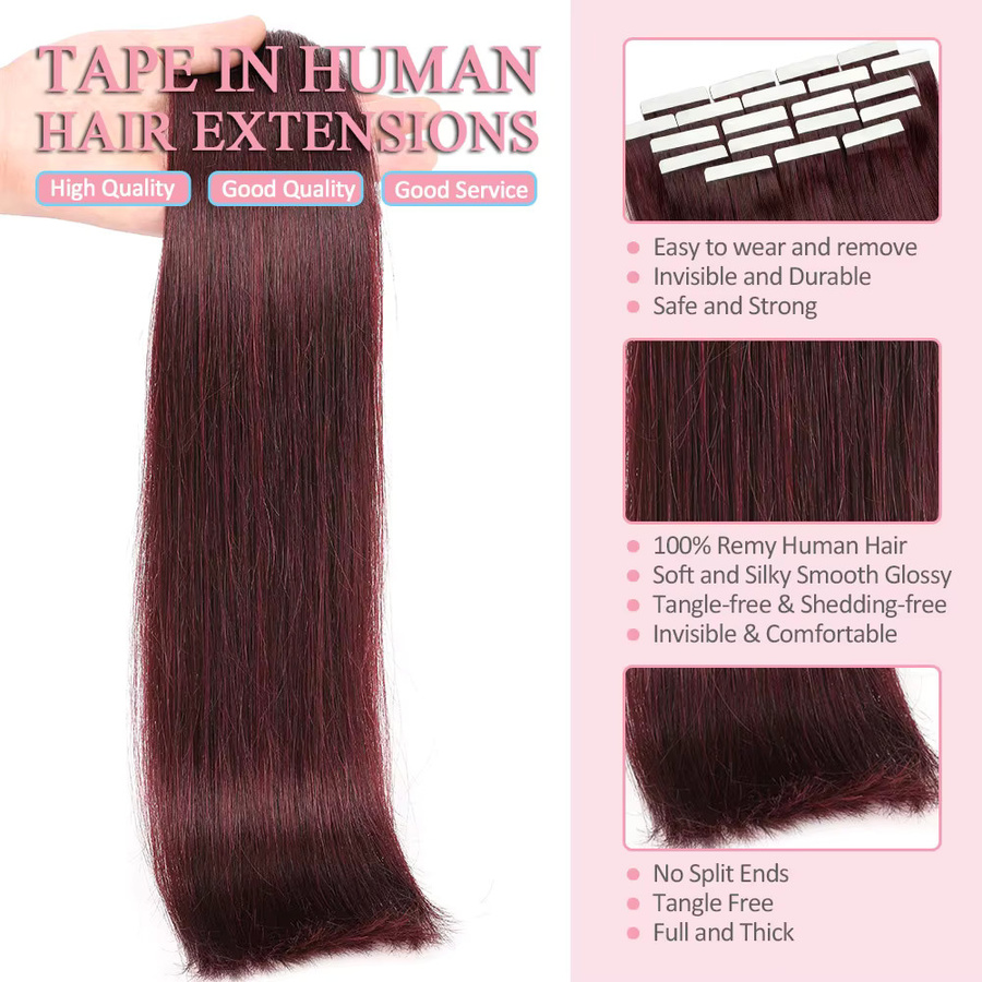 Soul Queen Tape-in-Extensions Echthaar, # 99J Burgund, Straight - Bild 4