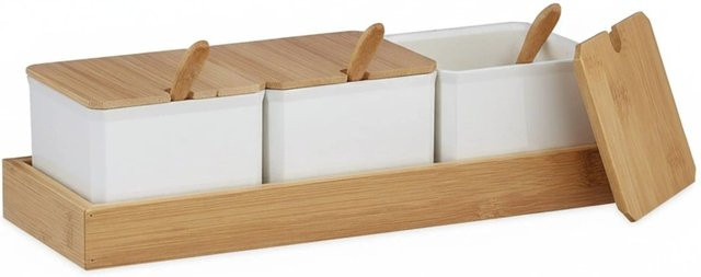 Relaxdays Gewürzbehälter Set aus Bambus und Kunststoff in Weiß mit Deckel, Löffeln und Bambustablett, B/T/H: 30 x 11 x 13 cm - Bild 1