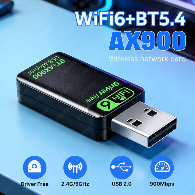 Fenvi 2-in-1 WiFi 6 AX900 USB-Adapter mit Bluetooth 5.4, Dual-Band 2,4 GHz & 5 GHz Netzwerk-Empfänger für PC und Laptop, Schwarz - Bild 1