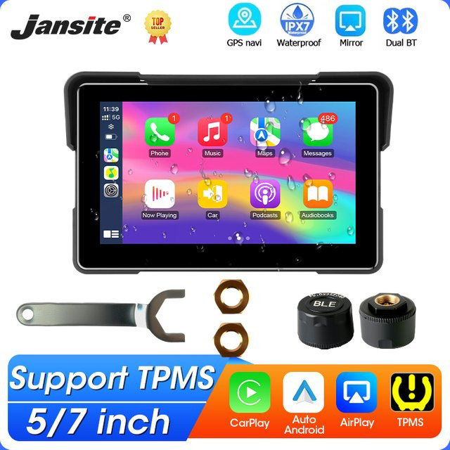 Jansite Tragbare Motorrad GPS Navigation mit Wireless CarPlay und Android Auto, 5/7 Zoll LCD Display, IPX7 Wasserdicht, Bluetooth und TPMS Unterstützung, Schwarz - Bild 1