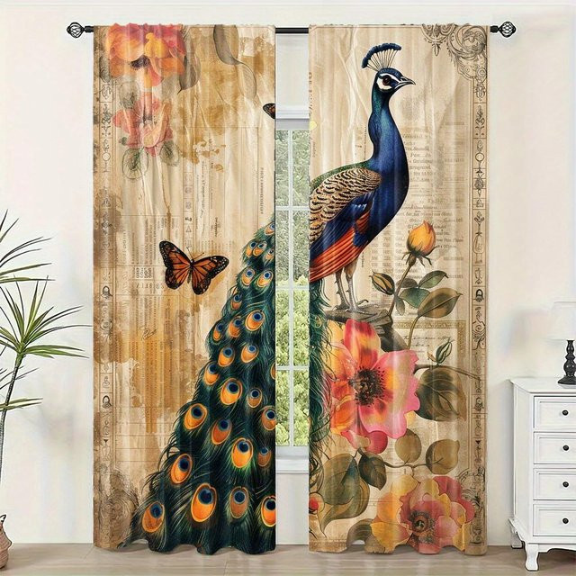 2-teiliges Set Yiran Furniture Vorhänge mit Pfauenmuster in Multicolour, transparente Fensterblenden mit Ösen, Breite: 100 cm, Höhe: 130 cm - Bild 1