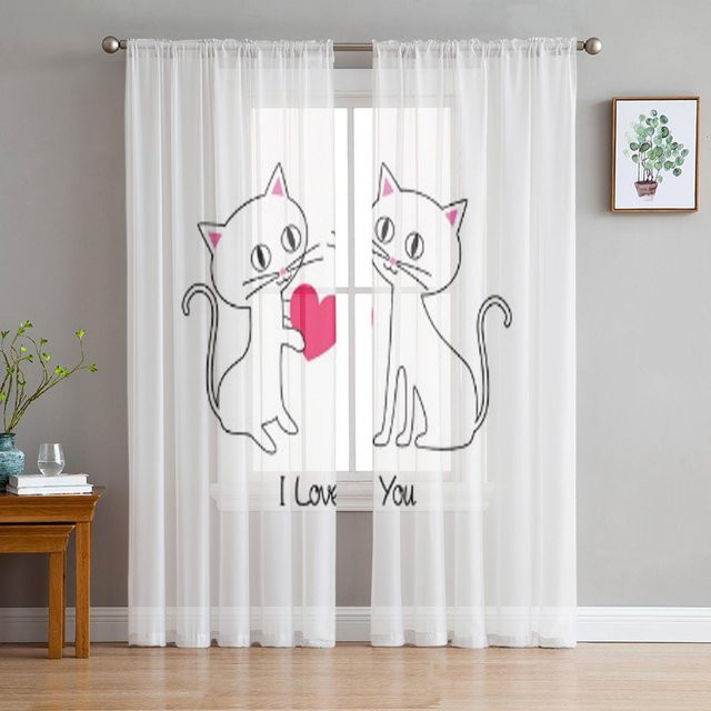 Transparenter Tüllvorhang mit Kätzchen-Illustration von A Family Of Home Textiles, Farbe Weiß, B x H: 135 x 137 cm - Bild 1