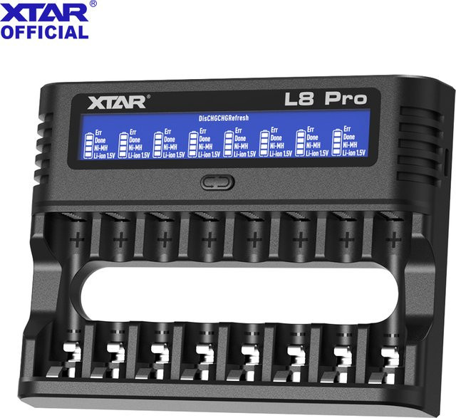 XTAR L8 Pro 8-Slot Smart-Ladegerät für AA/AAA Ni-MH und 1,5V Li-Ion Akkus mit USB-C, Schwarz - Bild 1