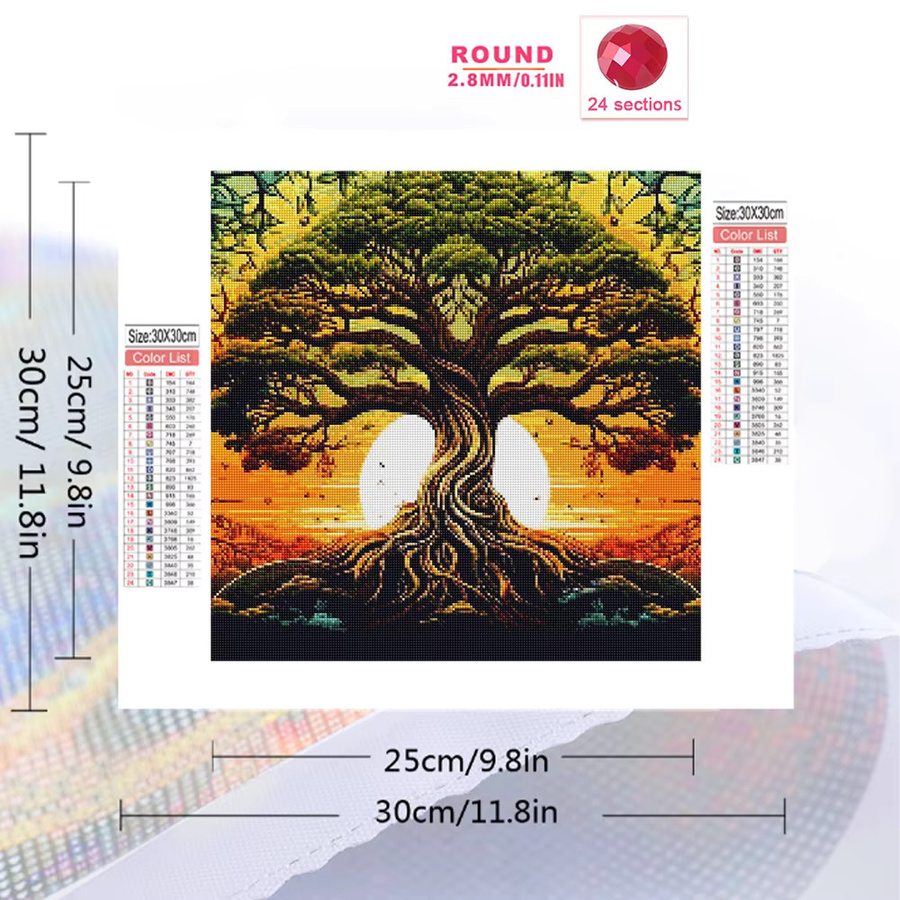 Momoart Diamant-Stickerei DIY Baum-Landschaftsgemälde mit Sonnenuntergang, rund, mehrfarbig - Bild 2