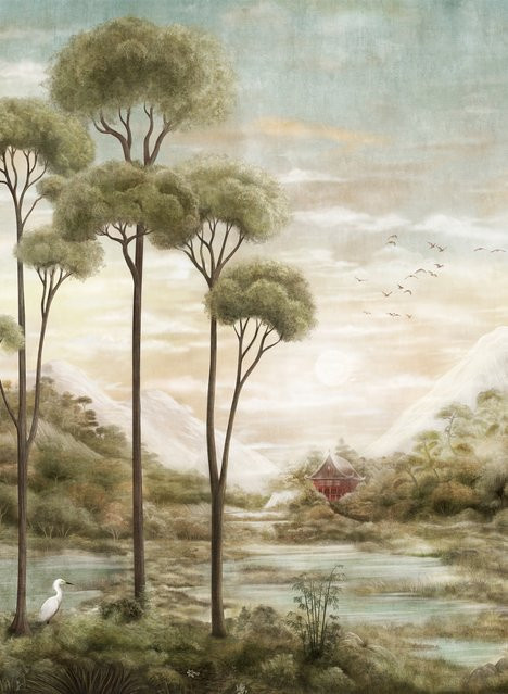 Coordonne Tapete Xi Hu Lake in Jade Green im Chinoiserie-Stil aus Vlies - Bild 1