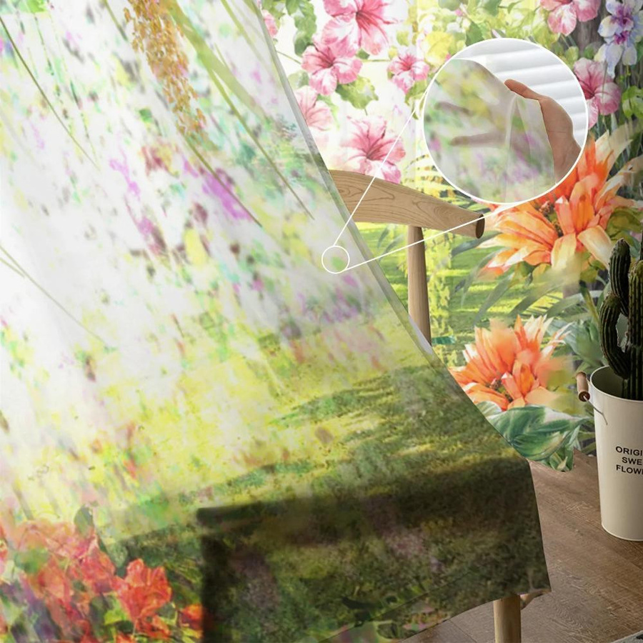 Yiran Furniture Transparente Tüll-Vorhänge im Ölgemälde-Stil mit Blumenmuster, Organza Voile, Mehrfarbig, B: 135 cm, H: 115 cm - Bild 1