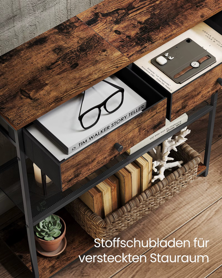 VASAGLE Konsolentisch im Industrial Design mit 2 Stoffschubladen, Beistelltisch für Flur und Wohnzimmer, Schwarz-Braun, B: 76 cm, T: 24 cm, H: 80 cm - Bild 2