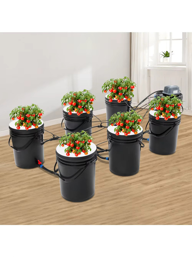Bymaocar Hydroponisches Eimer-Set für Tiefwasserkultur in Schwarz mit 7 Pflanzeneimern à 20 l und Luftpumpe für den Anbau von Erdbeeren und Salat - Bild 5