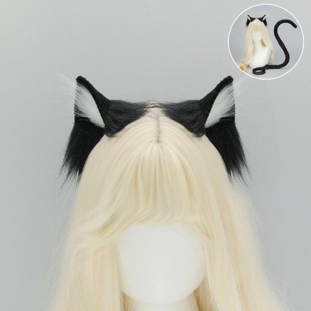 Katzen-Schwanz-Set, Haarband, Grau, Schwarz, Plüsch / Textil - Bild 1