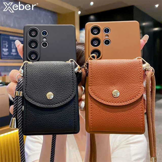 Xeber Umhängetasche aus Leder mit Brieftasche als Lanyard für Samsung Galaxy S24 S25 Ultra S23 S22 Plus S21 S20 Note A73 A72 A71 A70 A55 A54 A53 A52 A50 in Schwarz oder Braun - Bild 1