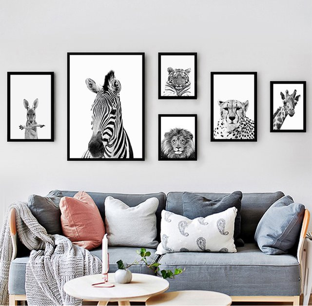 Potdemiel Wandkunst Safari Tier-Drucke als Leinwand-Gemälde für das Kinderzimmer in Schwarz-Weiß - Bild 1
