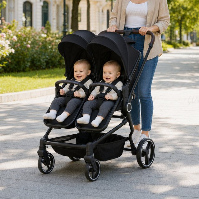 LUVCHAIN Zwillingskinderwagen Side-by-Side in Schwarz, klappbarer Outdoor-Kinderwagen - Bild 1