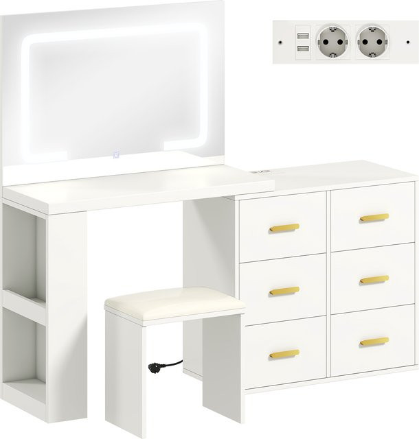 HOMCOM Coiffeuse mit Spiegel und Hocker in Weiß mit LED-Beleuchtung, 6 Schubladen und USB-Anschlüssen - Bild 1
