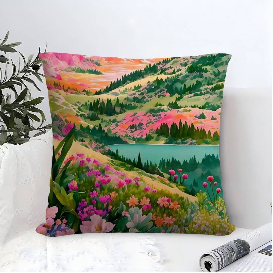 Kissenbezug mit abstrakter Illustration einer bunten Naturlandschaft und Bergblumen für dein Sofa, B/B/H: 18 x 18 x 18 cm - Bild 2