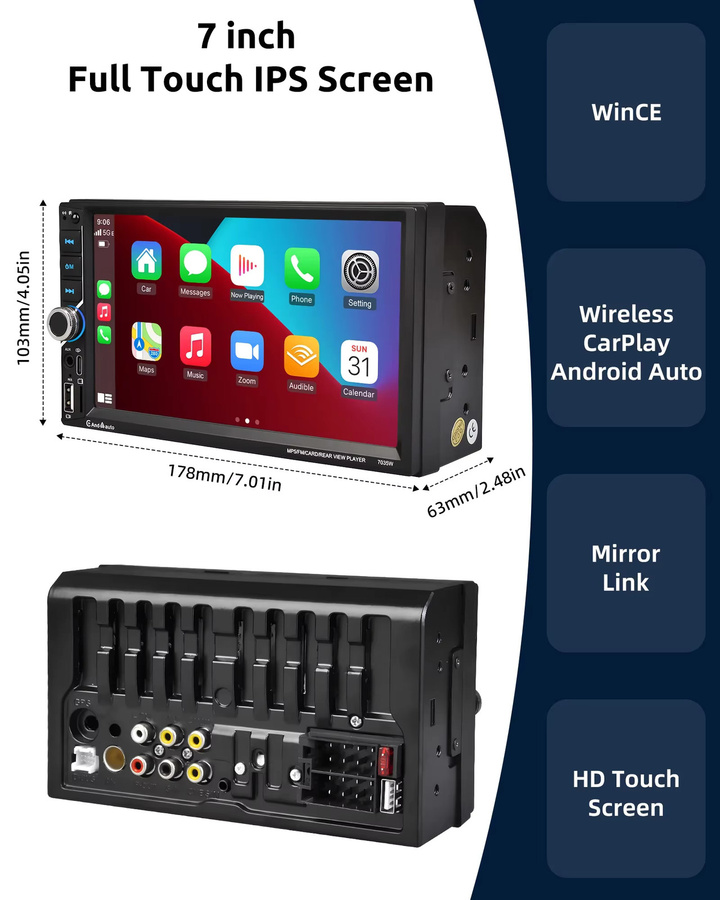ESSGOO Universal Autoradio mit 7 Zoll IPS-Touchscreen, Wireless CarPlay, Android Auto, Bluetooth, USB-C und Lenkradsteuerung in Schwarz - Bild 6
