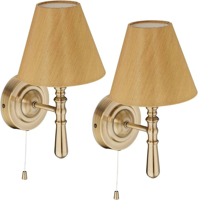 Relaxdays Wandlampe 2er Set in Messing mit Stoffschirm und Zugschalter, B/H/T: 28 x 16 x 19 cm - Bild 1