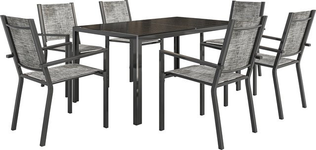 Outsunny 7-teiliges Gartenmöbel-Set mit Tisch und 6 stapelbaren Stühlen aus rostfreiem Stahl in Schwarz - Bild 1