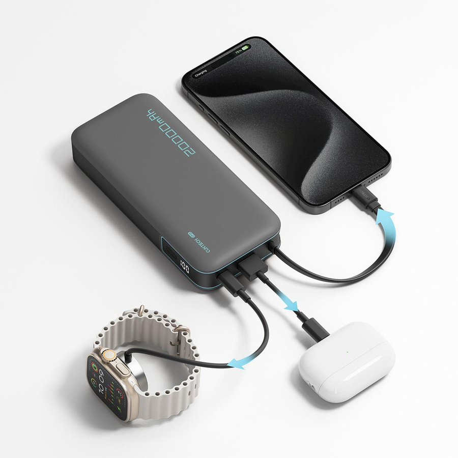 Cuktech Powerbank 20000mAh mit 55W Schnellladung QC + PD und integriertem USB-C Kabel, Grau - Bild 3