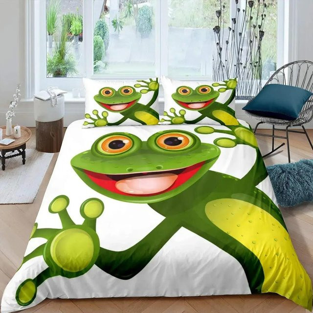 Bettwäsche Set mit Cartoon Frosch 3D Motiv in Grün und Grau, bestehend aus Bettbezug und Kissenbezügen, Material Mikrofaser, B/H: 135 x 200 cm, Kissenbezug: 50 x 70 cm - Bild 1