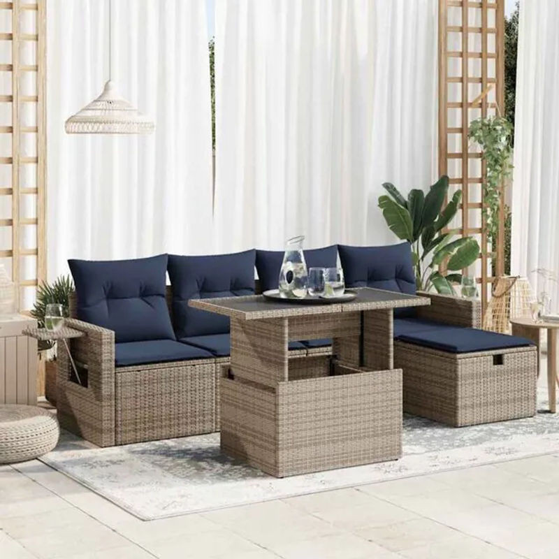 6-teilige Garten-Sofagarnitur aus Poly-Rattan und Akazie mit Kissen in Grau von vidaxl - Bild 1