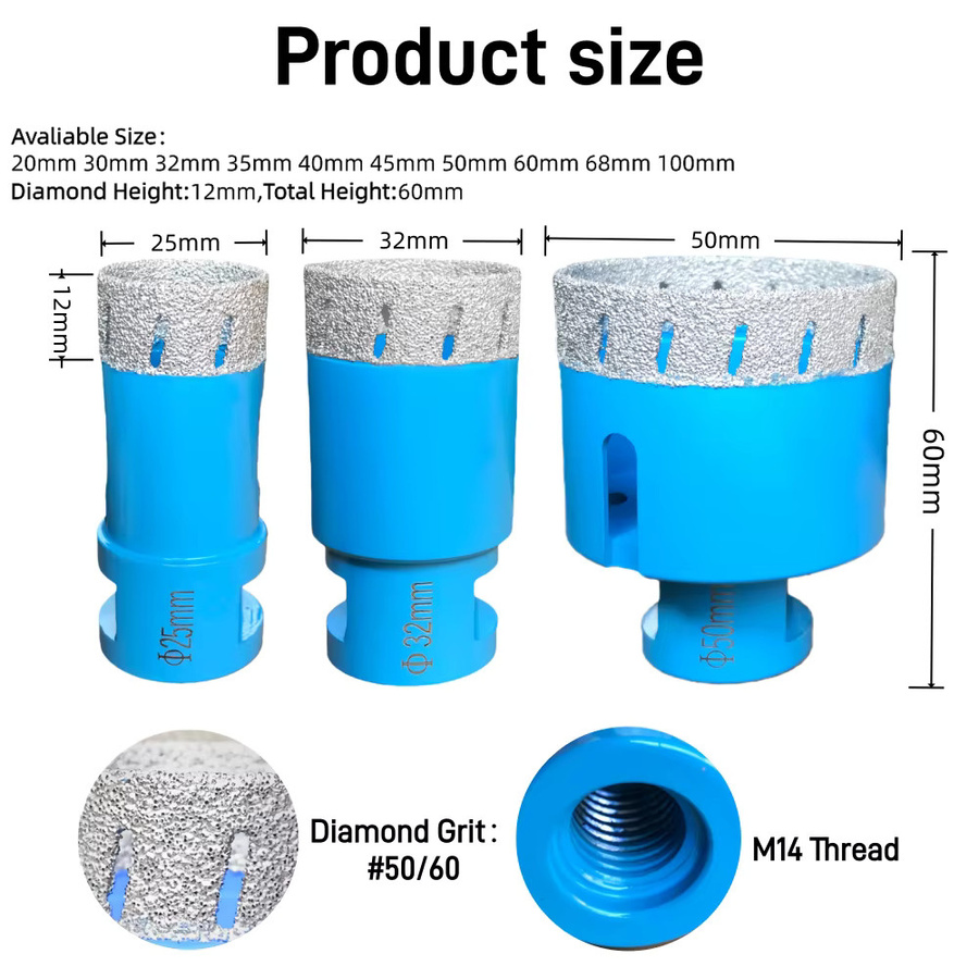 RSMXYO Diamant-Kernbohrer mit M14-Gewinde für Keramikfliesen, Granit und Marmor, Blau - Bild 1