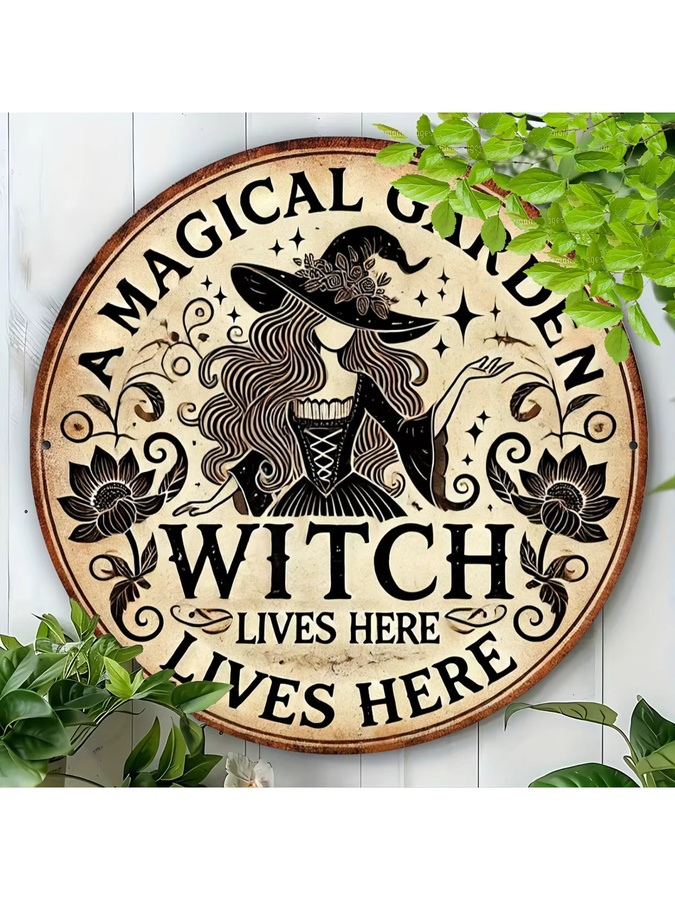 Potdemiel Rundes Metallschild Magical Garden Witch Lives Here in Vintage-Optik mit Blumenmuster, Durchmesser: 20,32 cm - Bild 7