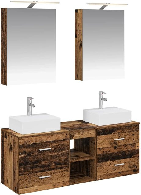 vidaXL Badezimmermöbel-Set 5-teilig aus Altholz und Glas in Braun mit LED-Beleuchtung und Spiegelschrank - Bild 1