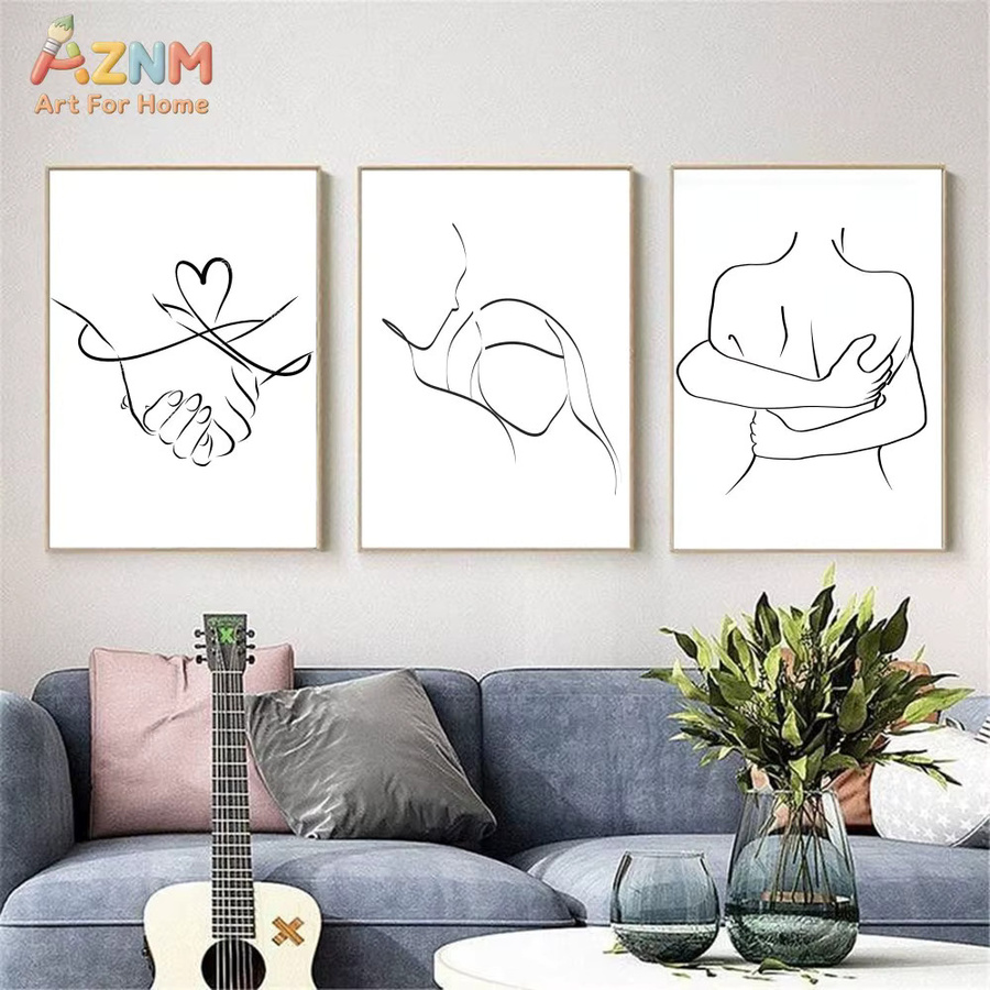 AZNM Minimalistische Leinwand Wandkunst Abstrakte Paar-Linienkunst mit Herzmotiven in Weiß - Bild 2
