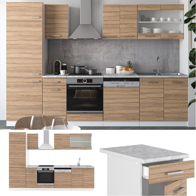 Vicco R-Line Küchenzeile Einbauküche Sonoma Eiche mit Marmor-Optik, Breite: 300 cm, Höhe: 207 cm, Tiefe: 60 cm - Bild 1