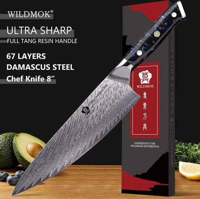 WILDMOK Damast-Kochmesser aus 67-Lagen VG10 Hochkarbon-Stahl mit schwarzem Kunstharzgriff, 20,32 cm - Bild 1