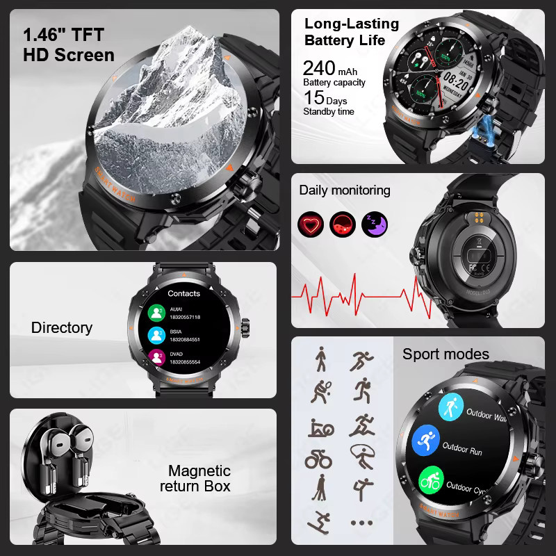 LIGE D13 2-in-1 Smartwatch mit TWS HiFi Stereo Wireless Headset Combo, 1,46 Zoll Display, Bluetooth Telefonfunktion für Android und iOS, Schwarz/Grau - Bild 5