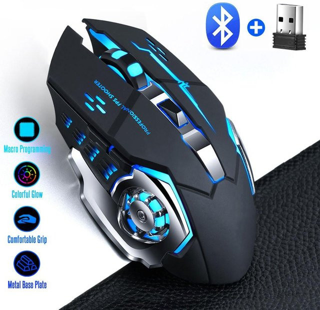 Kebidumei Kabellose Bluetooth und 2,4G USB Maus, Ergonomische Leise Gaming-Maus mit 1600 DPI und LED-Hintergrundbeleuchtung, Wiederaufladbare E-Sports-Maus für PC, Schwarz - Bild 1