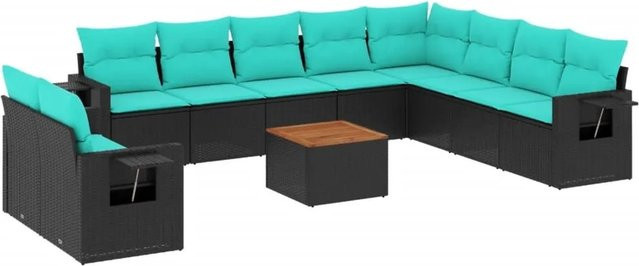 vidaXL 11-tlg. Gartensofa-Set aus schwarzem Polyrattan mit blauen Kissen und Couchtisch in L-Form - Bild 1