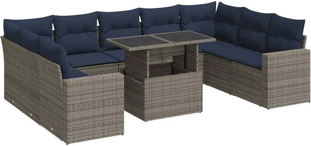 vidaXL 10-tlg. Garten-Sofagarnitur in L-Form aus Polyrattan und Akazie mit grauen Kissen - Bild 1